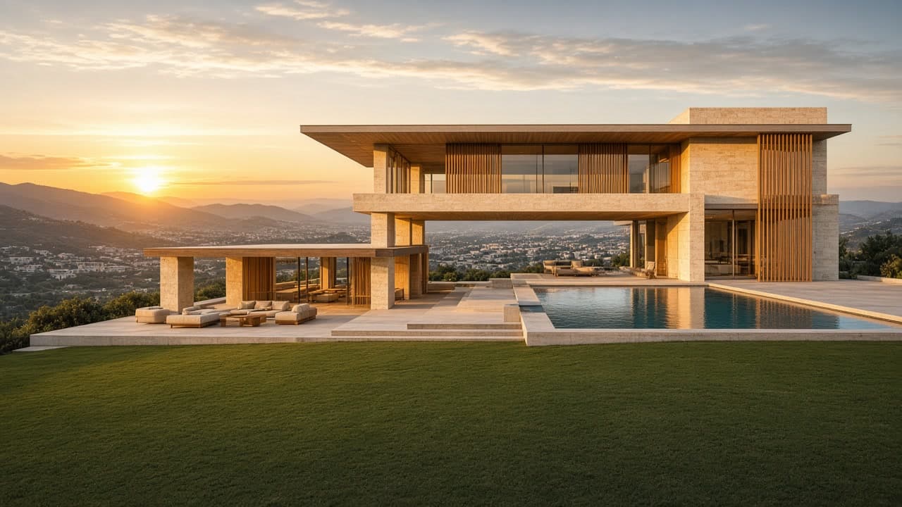 Residencia contemporánea con vista al valle al atardecer, imagen principal del sitio